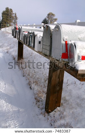 Row of mail boxes in early winter Idaho