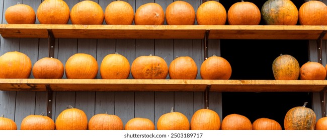 Row of many ripe orange white pumpkins decor wooden shelf barn wall farm yard barn fall harvest fest market. Halloween thanksgiving celebration symbol plant. Country rustic squash autumn background - Powered by Shutterstock