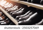 Row of mens shoes in store, lux fashion footwear background.