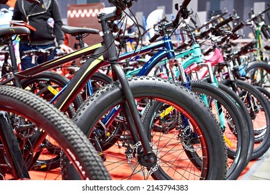 Row modern mountain bicycles in sports shop
