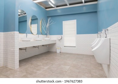Row of modern white ceramic washbasins in a public blue-and-white bathroom or restaurant or hotel or shopping mall interior design.