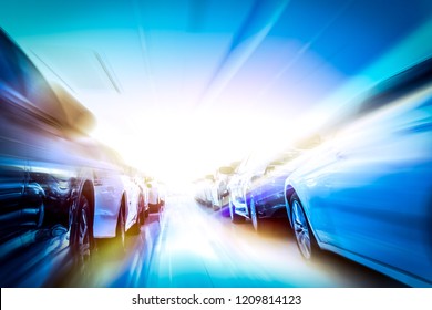 A Row Of New Cars Parked At A Car Dealership Stock. New Cars In The Showroom To Showing Customers. Car Wheels Speed Transportation And Digital Concept Car