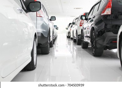 A Row Of New Cars Parked At A Car Dealership Stock, New Japanese Cars In Showroom For Show Customers.