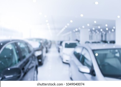 Row Of New Technology Car  Parked At A Modern Car Dealership.soft Focus