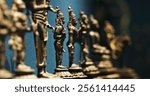 Row Of Old Ancient Bronze Figurines Of Indian Deities And Avatars. 18-19th Century Ce. Close-up View On Vamana Avatara.