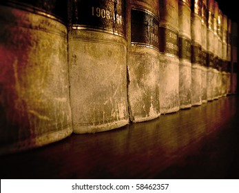 Row Of Old Leather Law Books On A Shelf