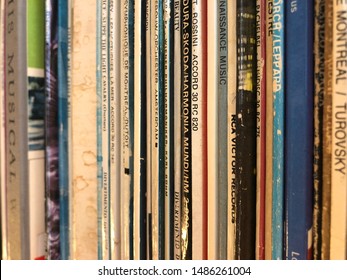 Row of old weathered envelopes for vintage vinyl records - 14 July 2019, Montreal, Canada