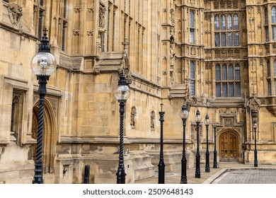 Row of ornate lamp posts leading to an entrance to the Palace of Westminster which is the meeting place of the Parliament of the United Kingdom in London and is the centre of political life in the UK - Powered by Shutterstock