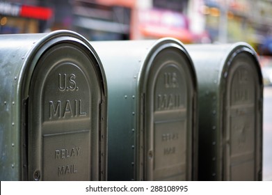 Row of outdoors mailboxes in NY, USA