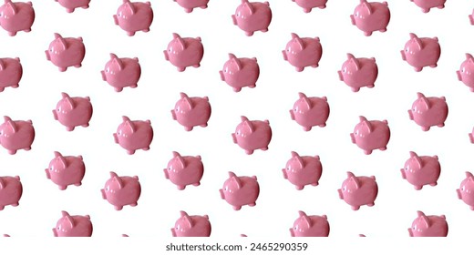 A row of pink piggy banks are lined up in a row seamless pattern. The piggy banks are all the same size and color, and they are all lined up in a row - Powered by Shutterstock