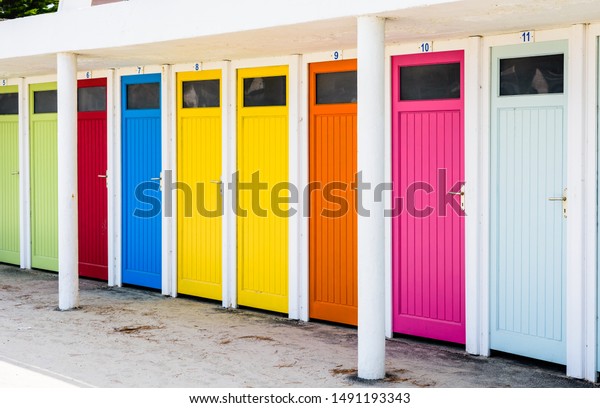 Row Public Changing Cubicles Colorful Doors Stock Photo Edit Now