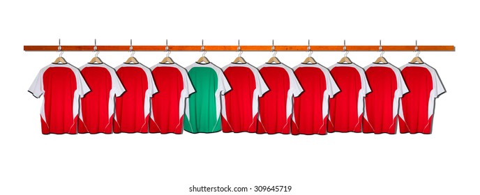 Row Of Red Football Shirts With Green Goalie Shirt - No Numbers