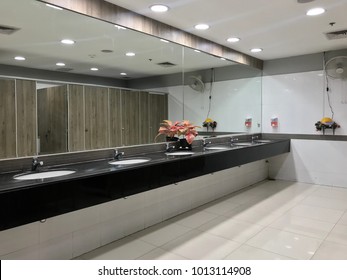 Row Of Restroom, Public Toilet, Wash Sink With Big Mirror Decoration