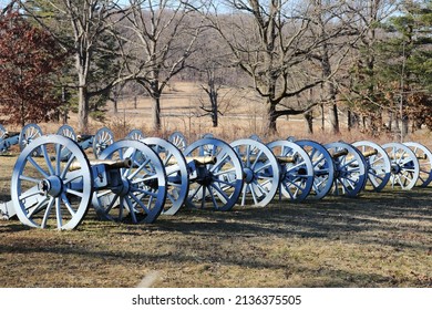 A Row Of Revolutionary War Cannons At The Artillery Park Of Valley Forge National Historic Park In Winter, Pennsylvania, USA