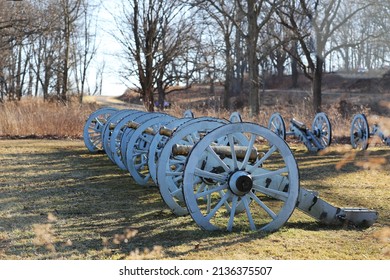 A Row Of Revolutionary War Cannons At The Artillery Park Of Valley Forge National Historic Park In Winter, Pennsylvania, USA