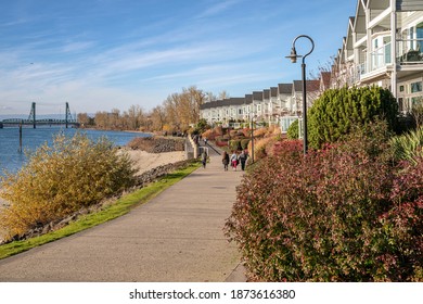 Row Of Riverfront Condominiums In Vancouver Washington State.