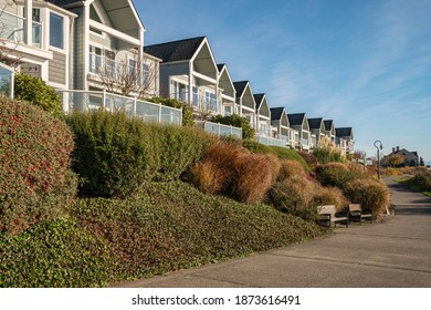 Row Of Riverfront Condominiums In Vancouver Washington State.