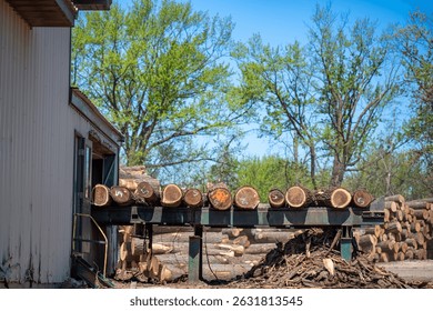 Row of rough cut timber logs on a roller belt at the headworks of a lumbermill 