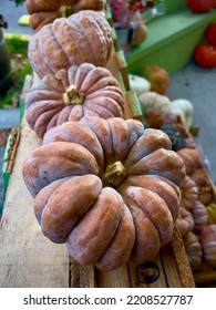 Row Of Rustic Muted Orange Tone Pumpkins In Row On Wood Shelf In Diminishing Perspective