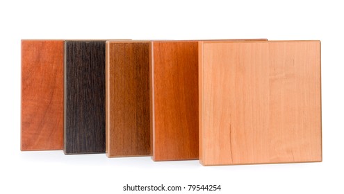 Row of samples of  stained wood for furniture isolated on white