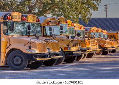 Row of school busses empty in a parking lot.