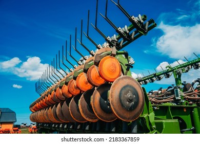 Row Seed Drill Grain. Seed Sowing Device. Agricultural Activity. Close Up. Modern Modified Agricultural Seeder 