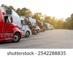 Row of semi trucks parked in lot, under a clear sky.