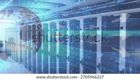 Row of server cabinets stretching down modern data center corridor, with globe and binary overlays. Rack, cabling, cooling, teal, blue, neon, digital