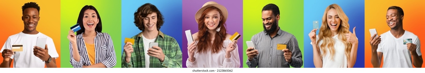 Row Set Collage Of Diverse People Using Smartphones Holding Credit Cards Isolated On Different Colorful Studio Backgrounds. Excited Young Men And Women Making Purchase. Online Shopping Concept