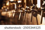 Row of shiny beer taps with wooden handles, set against blurred background with warm lighting. Cozy pub atmosphere. Concept of beer, brewery, pub, Oktoberfest, traditions