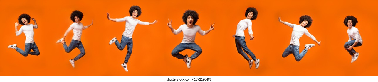 Row Of Shots Of Funny Millennial Guy Jumping And Having Fun Posing In Mid-Air On Orange Studio Background. Positive Young Man Jumps. Energy, Carefree Youth Concept. Panorama, Collage