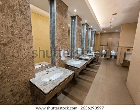 A row of sinks in a public restroom with sensor faucets, soap dispensers, large mirrors, and elegant marble-patterned walls. A step at the end helps children reach the sink, and toilet stalls 