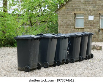 Row of six black wheelie bins on stone chip path trees and building in background Huddersfield Yorkshire England 20-05-2021 by Roy Hinchliffe