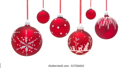 Row of Six hanging Christmas Baubles isolated on a white background