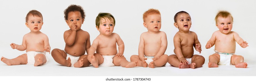 Row of six multi ethnic Babies smiling in studio - Shutterstock ID 1787304743