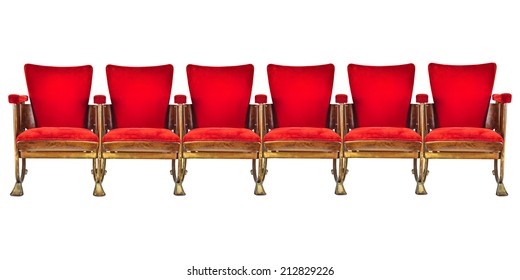 Row Of Six Red Vintage Cinema Chairs Isolated On A White Background