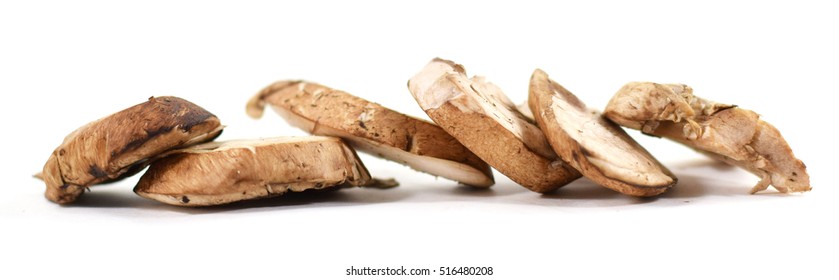 Row Of Sliced Organic Crimini Or Baby Bella Mushrooms - Isolated