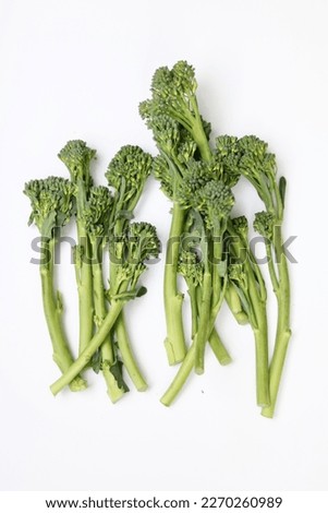 Row of sprigs of tenderstem broccoli against plain white background