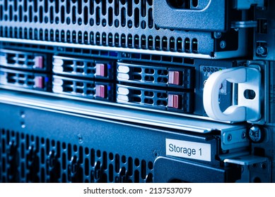 Row of SSD drives serving as data storage inside server room