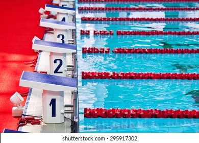 Row Of Starting Blocks In A Swimming Pool