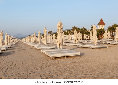 Row of sun loungers and covered umbrellas on the empty beach during sunrise awaits vacationers - Powered by Shutterstock