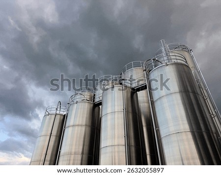 Row of tall silver tanks are lined up in front of a cloudy sky