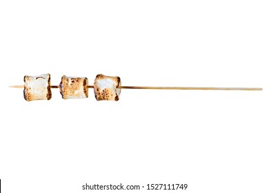 Row of three fried on barbeque pieces of sweet tasty marshmallows cylindrical form on sharp wooden stick isolated on white background. Top view