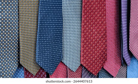 Row of ties with different patterns and colors. ties are hanging on a wall. Concept of variety and choice, as different patterns