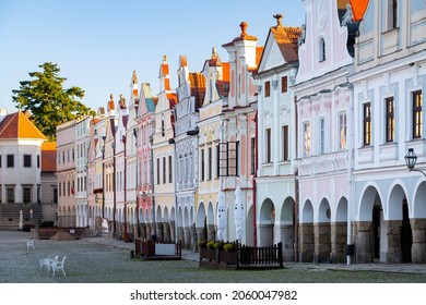 Row of traditional houses in the town of Telč, Czech Republic, after the sunrise. These houses on the main square are UNESCO heritage site.