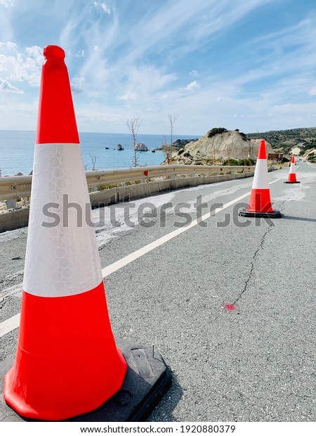 Row of Traffic cone in\
the road Cyprus