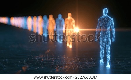 A row of translucent, glowing human figures, rendered in a digital, wireframe style, stand in a line.