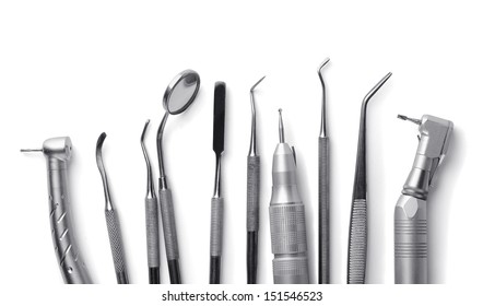 Row Of Various Dental Tools Isolated On White