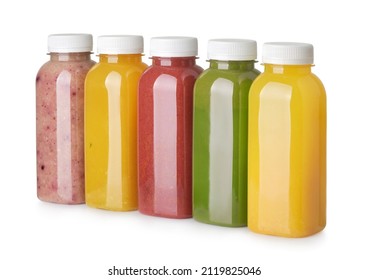 Row Of Various Squeezed Detox Juice Plastic Bottles Isolated On White