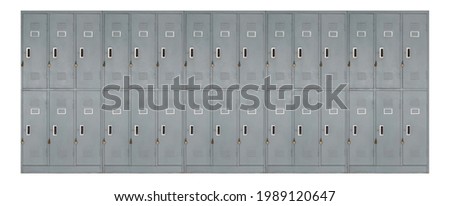 row of vintage grey metal lockers used in school, gyms or pool, grunge metal cabinets in changing room with lock, storage furniture on white background
